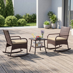 3 Pieces PE Wicker Rocking Bistro Set with 2-Tier Side Table Cushions and Ergonomic Armchairs for Porch-Brown