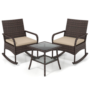 3 Pieces PE Wicker Rocking Bistro Set with 2-Tier Side Table Cushions and Ergonomic Armchairs for Porch-Brown