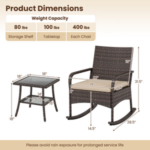 3 Pieces PE Wicker Rocking Bistro Set with 2-Tier Side Table Cushions and Ergonomic Armchairs for Porch-Brown