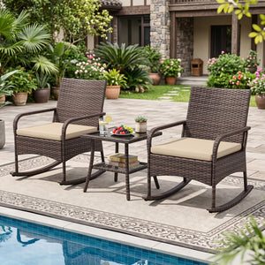 3 Pieces PE Wicker Rocking Bistro Set with 2-Tier Side Table Cushions and Ergonomic Armchairs for Porch-Brown