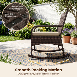 3 Pieces PE Wicker Rocking Bistro Set with 2-Tier Side Table Cushions and Ergonomic Armchairs for Porch-Brown