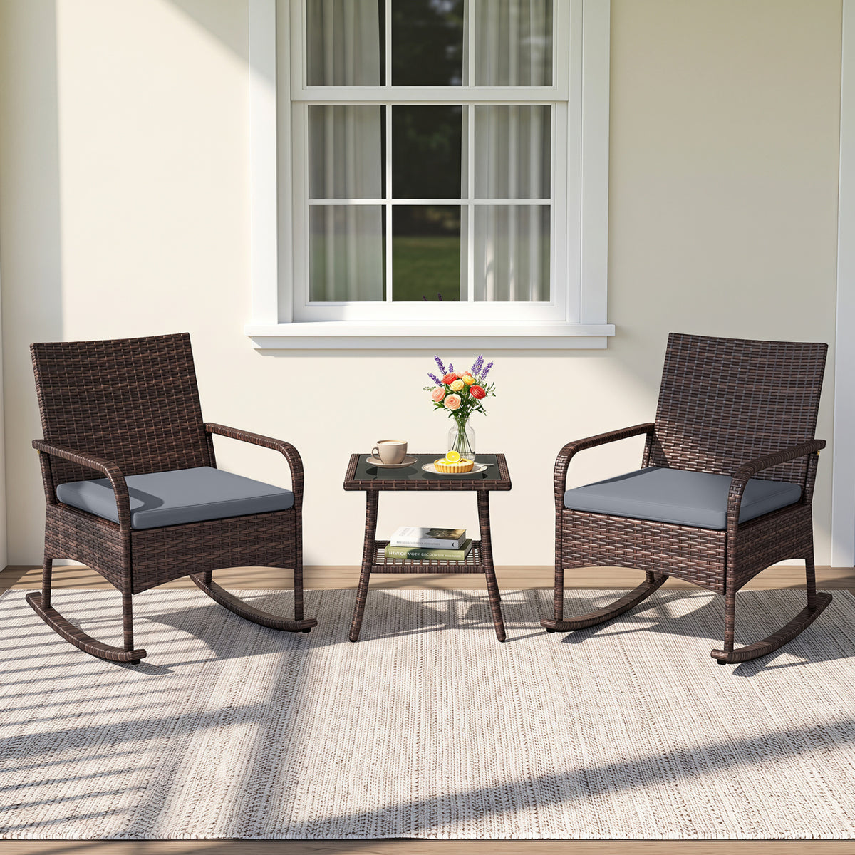 3 Pieces PE Wicker Rocking Bistro Set with 2-Tier Side Table Cushions and Ergonomic Armchairs for Porch-Gray