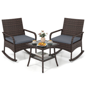 3 Pieces PE Wicker Rocking Bistro Set with 2-Tier Side Table Cushions and Ergonomic Armchairs for Porch-Gray
