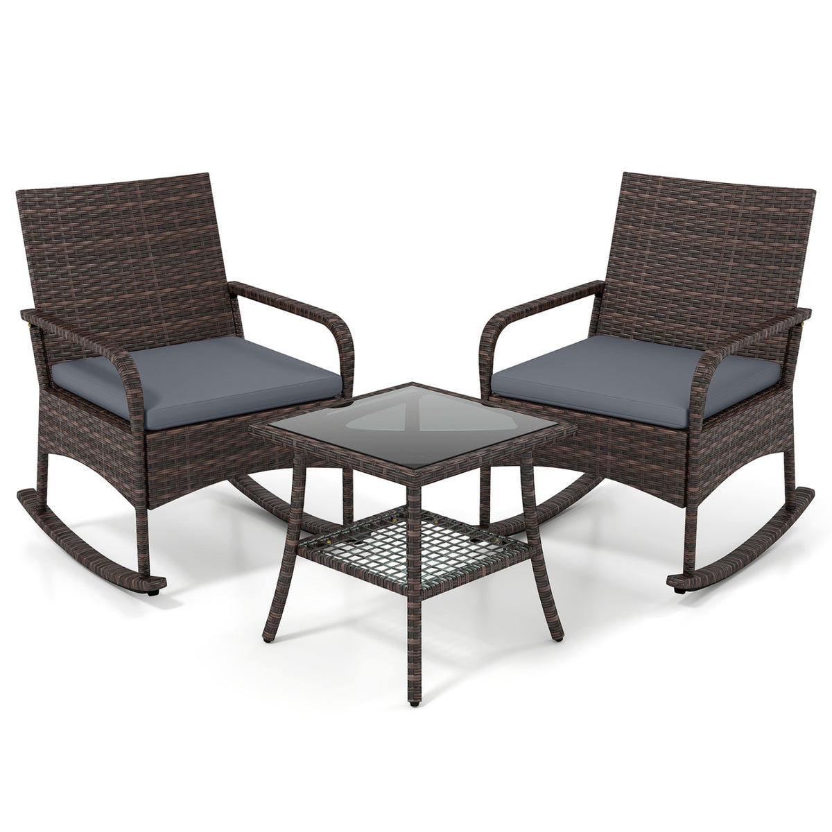 3 Pieces PE Wicker Rocking Bistro Set with 2-Tier Side Table Cushions and Ergonomic Armchairs for Porch-Gray