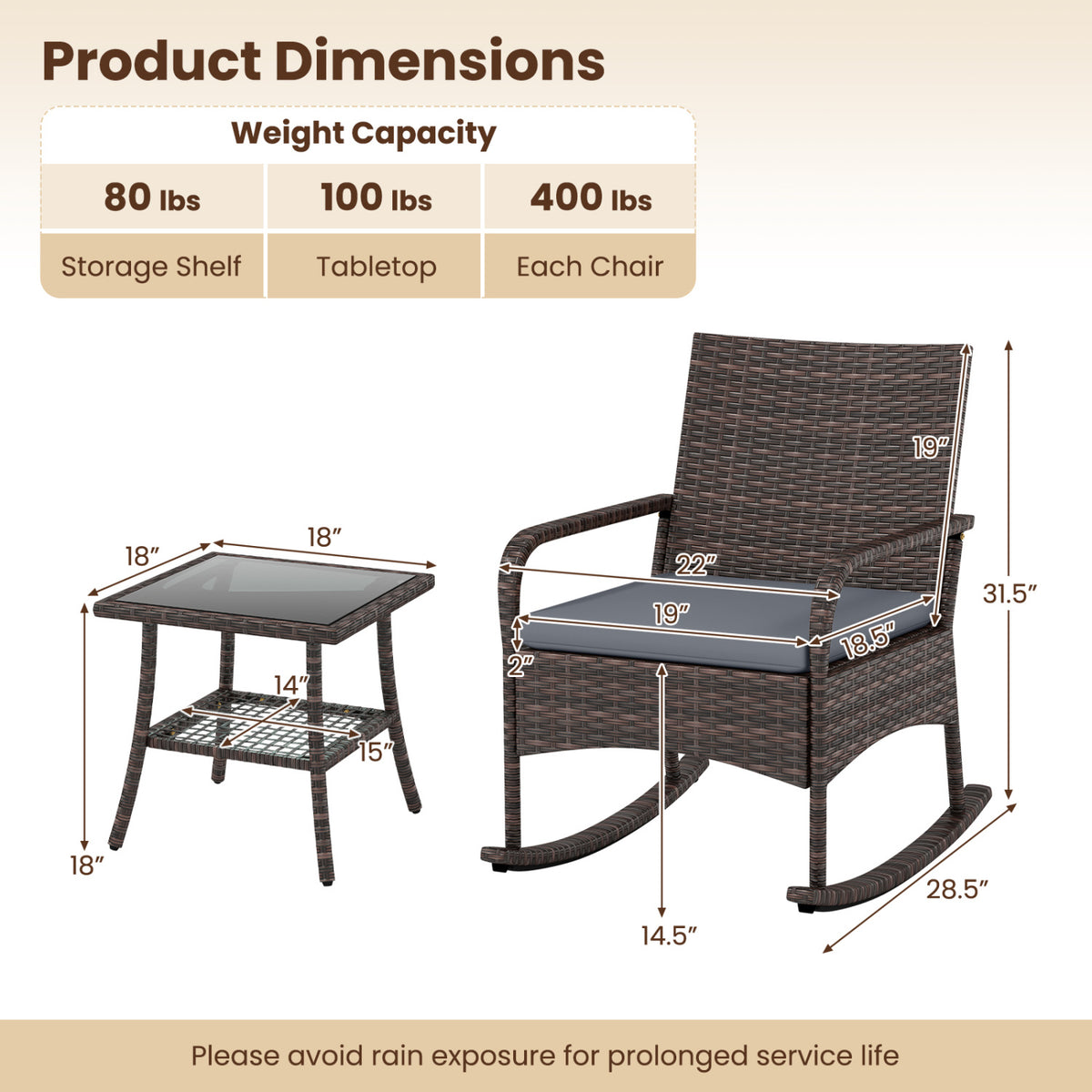 3 Pieces PE Wicker Rocking Bistro Set with 2-Tier Side Table Cushions and Ergonomic Armchairs for Porch-Gray