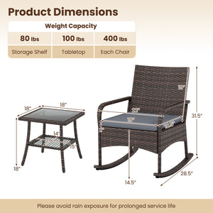 3 Pieces PE Wicker Rocking Bistro Set with 2-Tier Side Table Cushions and Ergonomic Armchairs for Porch-Gray