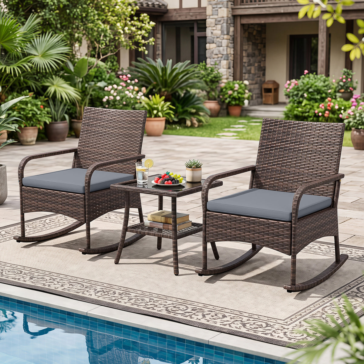 3 Pieces PE Wicker Rocking Bistro Set with 2-Tier Side Table Cushions and Ergonomic Armchairs for Porch-Gray