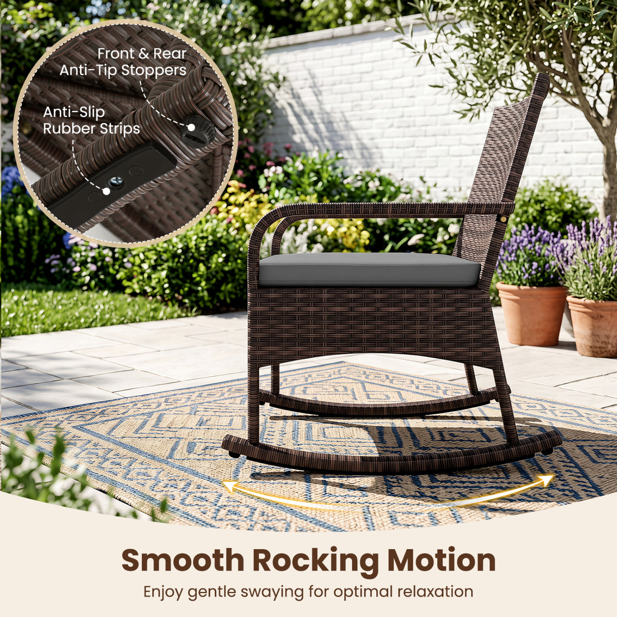 3 Pieces PE Wicker Rocking Bistro Set with 2-Tier Side Table Cushions and Ergonomic Armchairs for Porch-Gray