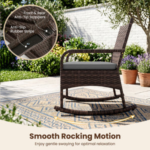 3 Pieces PE Wicker Rocking Bistro Set with 2-Tier Side Table Cushions and Ergonomic Armchairs for Porch-Gray