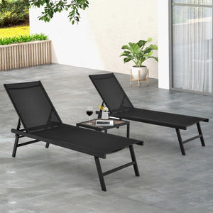 3 Pieces Patio Chaise Lounge Chair and Table Set for Poolside Yard-Black