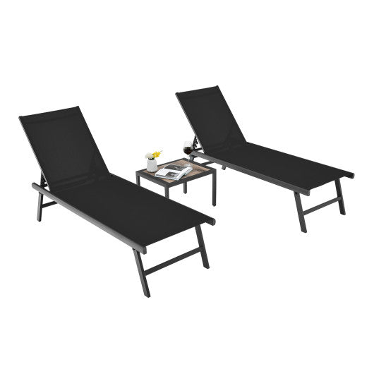 3 Pieces Patio Chaise Lounge Chair and Table Set for Poolside Yard-Black