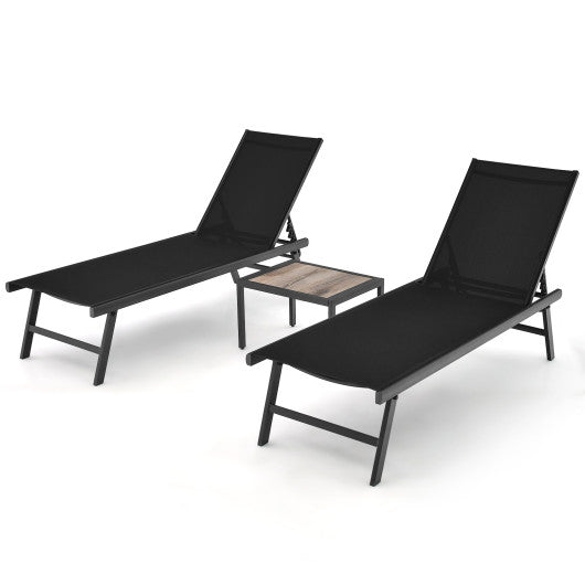 3 Pieces Patio Chaise Lounge Chair and Table Set for Poolside Yard-Black