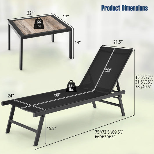3 Pieces Patio Chaise Lounge Chair and Table Set for Poolside Yard-Black