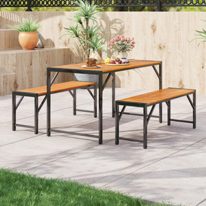 3 Pieces Patio Dining Set with Acacia Wood Dining Table and 2 Benches