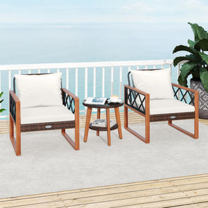 3 Pieces Patio Furniture Set with Tempered Glass Top Table and Soft Cushions-Off White