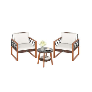 3 Pieces Patio Furniture Set with Tempered Glass Top Table and Soft Cushions-Off White