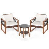 3 Pieces Patio Furniture Set with Tempered Glass Top Table and Soft Cushions-Off White