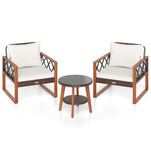 3 Pieces Patio Furniture Set with Tempered Glass Top Table and Soft Cushions-Off White