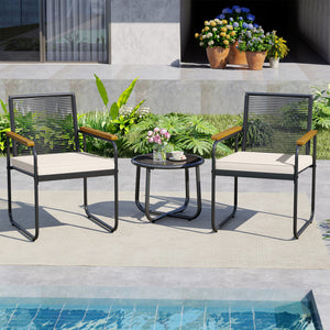 3 Pieces Patio Furniture Set PE Rattan Porch Chairs with Round Tempered Glass Top Table-White