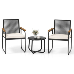 3 Pieces Patio Furniture Set PE Rattan Porch Chairs with Round Tempered Glass Top Table-White