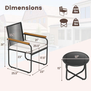 3 Pieces Patio Furniture Set PE Rattan Porch Chairs with Round Tempered Glass Top Table-White