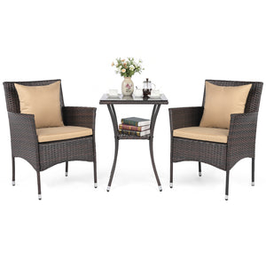 3 Pieces Patio Furniture Set with Cushioned Patio Chairs and Tempered Glass Coffee Table-Brown