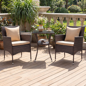 3 Pieces Patio Furniture Set with Cushioned Patio Chairs and Tempered Glass Coffee Table-Brown