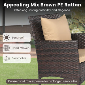 3 Pieces Patio Furniture Set with Cushioned Patio Chairs and Tempered Glass Coffee Table-Brown