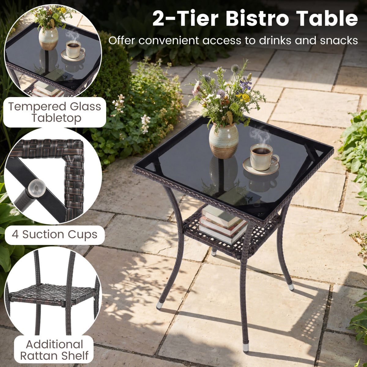 3 Pieces Patio Furniture Set with Cushioned Patio Chairs and Tempered Glass Coffee Table-Brown