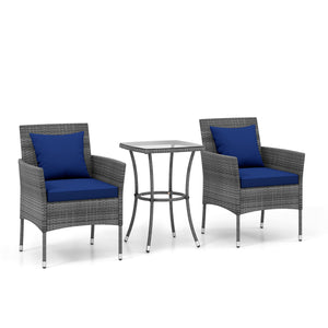 3 Pieces Patio Furniture Set with Cushioned Patio Chairs and Tempered Glass Coffee Table-Navy