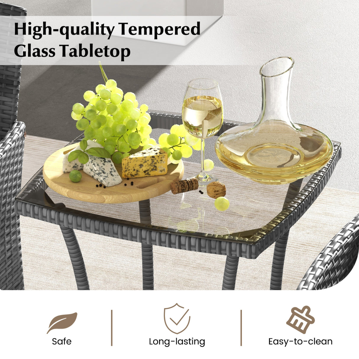 3 Pieces Patio Furniture Set with Cushioned Patio Chairs and Tempered Glass Coffee Table-Navy