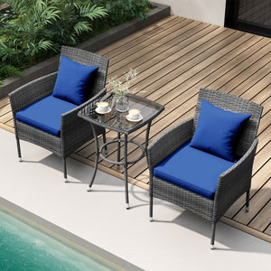 3 Pieces Patio Furniture Set with Cushioned Patio Chairs and Tempered Glass Coffee Table-Navy