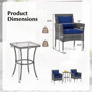 3 Pieces Patio Furniture Set with Cushioned Patio Chairs and Tempered Glass Coffee Table-Navy