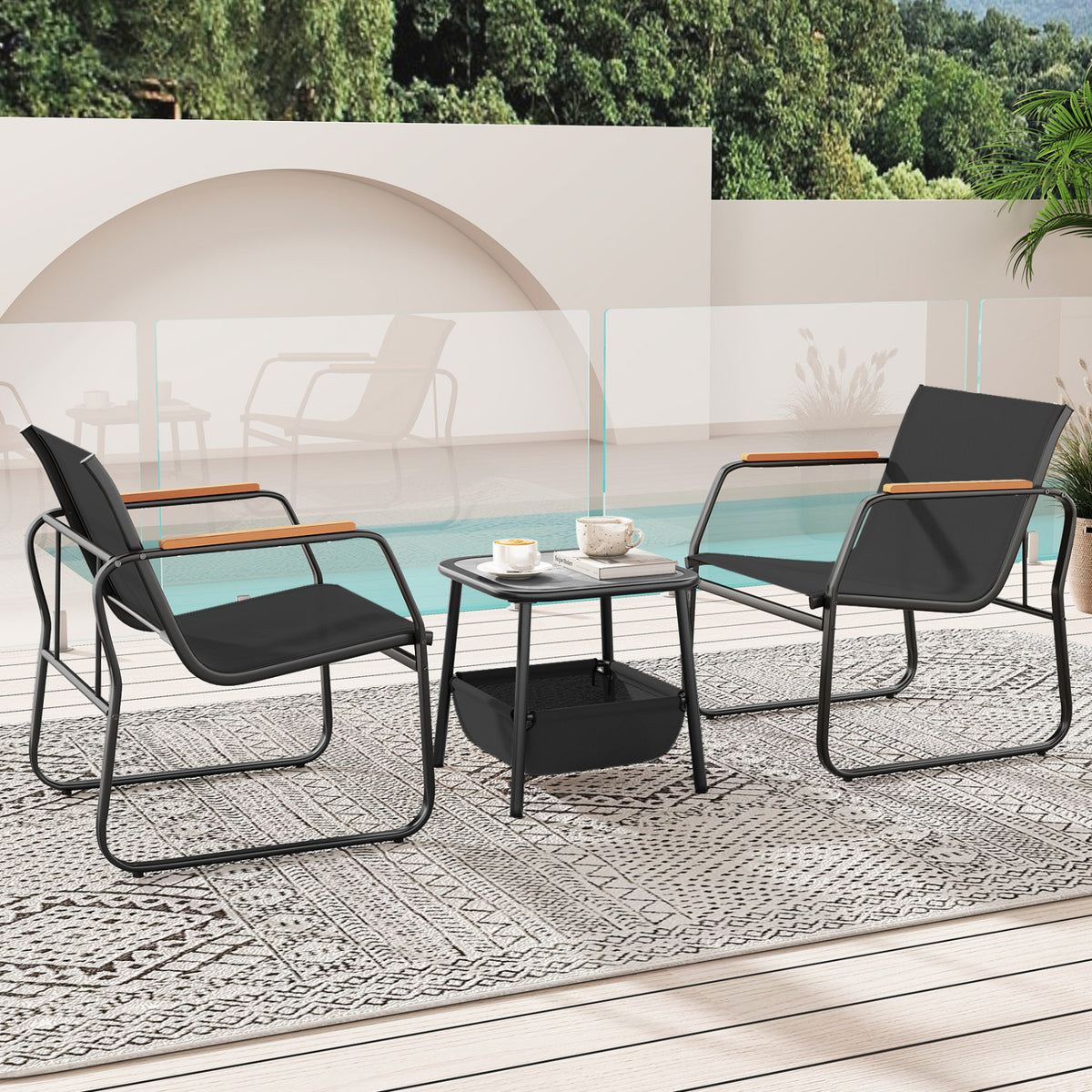 3 Pieces Patio Furniture Set Outdoor Bistro Conversation Set-Black