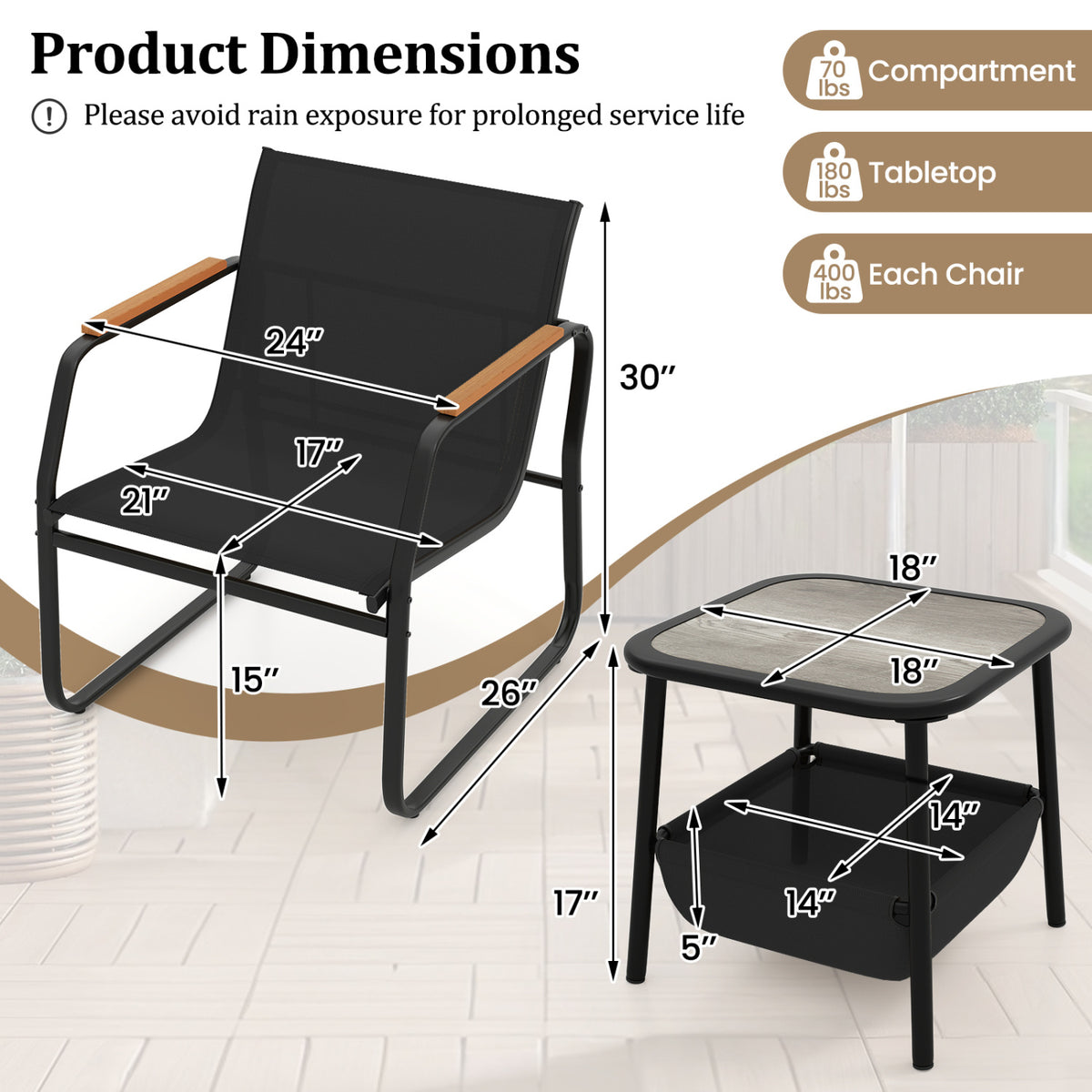 3 Pieces Patio Furniture Set Outdoor Bistro Conversation Set-Black