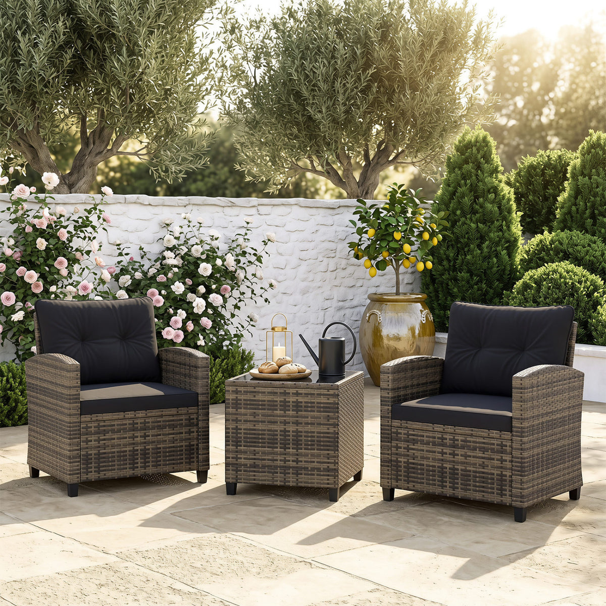 3 Pieces Patio Furniture Set with Tempered Glass Coffee Table-Black & Brown
