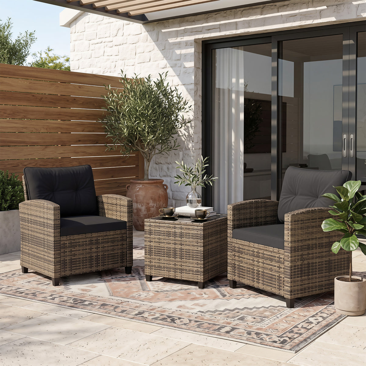 3 Pieces Patio Furniture Set with Tempered Glass Coffee Table-Black & Brown