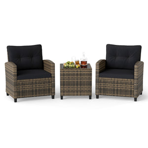 3 Pieces Patio Furniture Set with Tempered Glass Coffee Table-Black & Brown