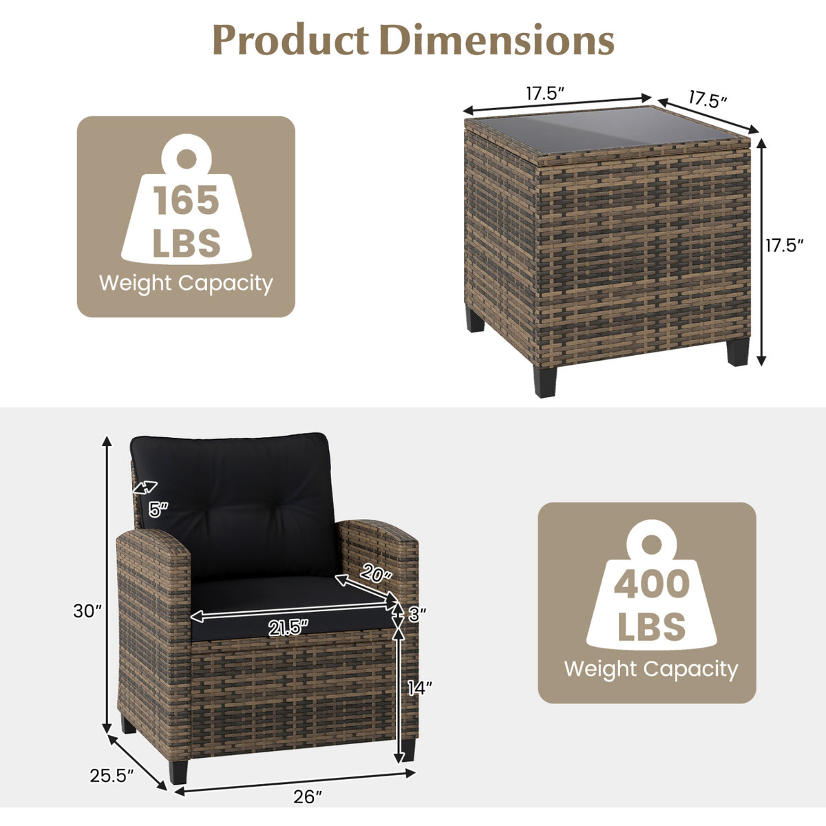 3 Pieces Patio Furniture Set with Tempered Glass Coffee Table-Black & Brown