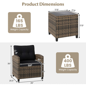 3 Pieces Patio Furniture Set with Tempered Glass Coffee Table-Black & Brown