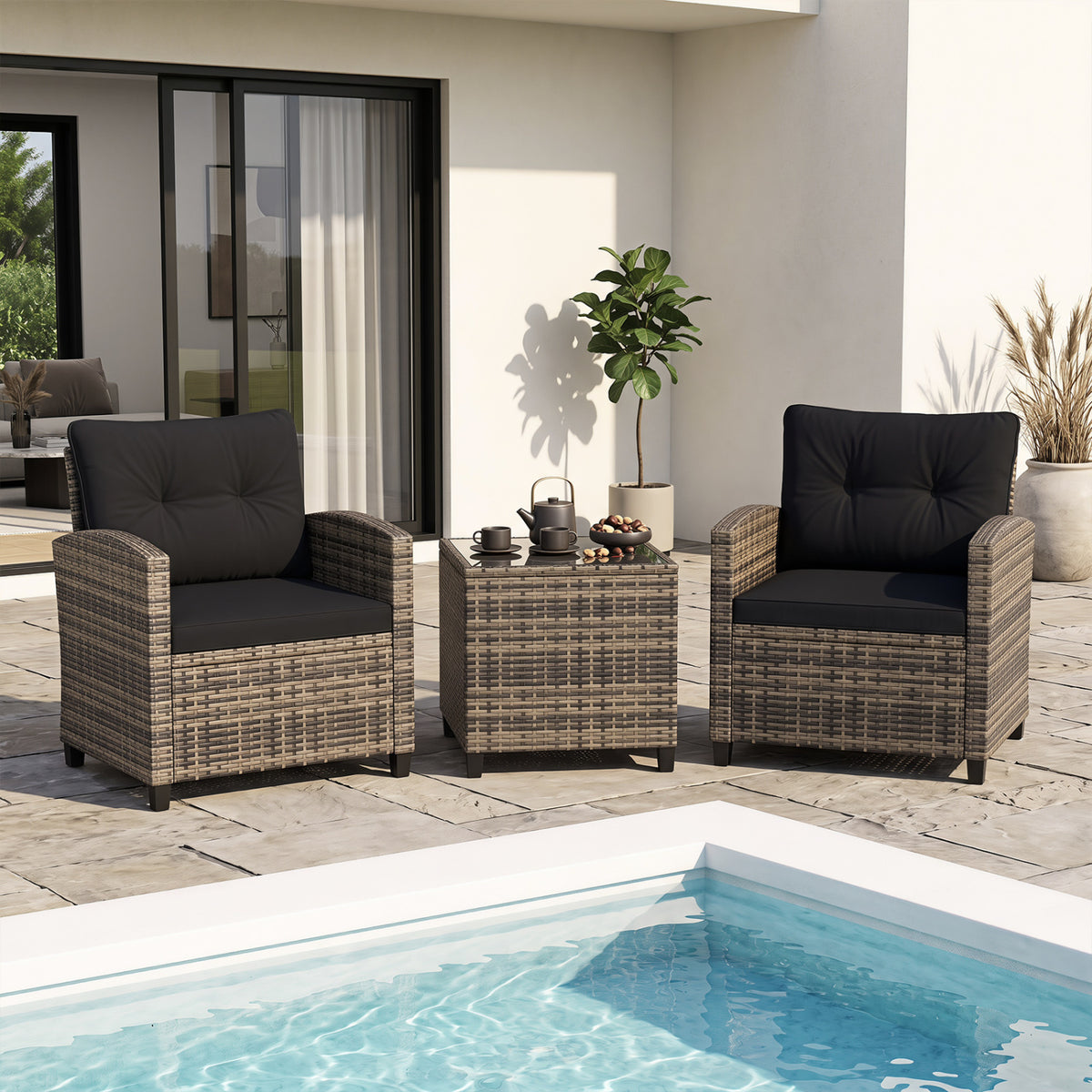 3 Pieces Patio Furniture Set with Tempered Glass Coffee Table-Black & Brown