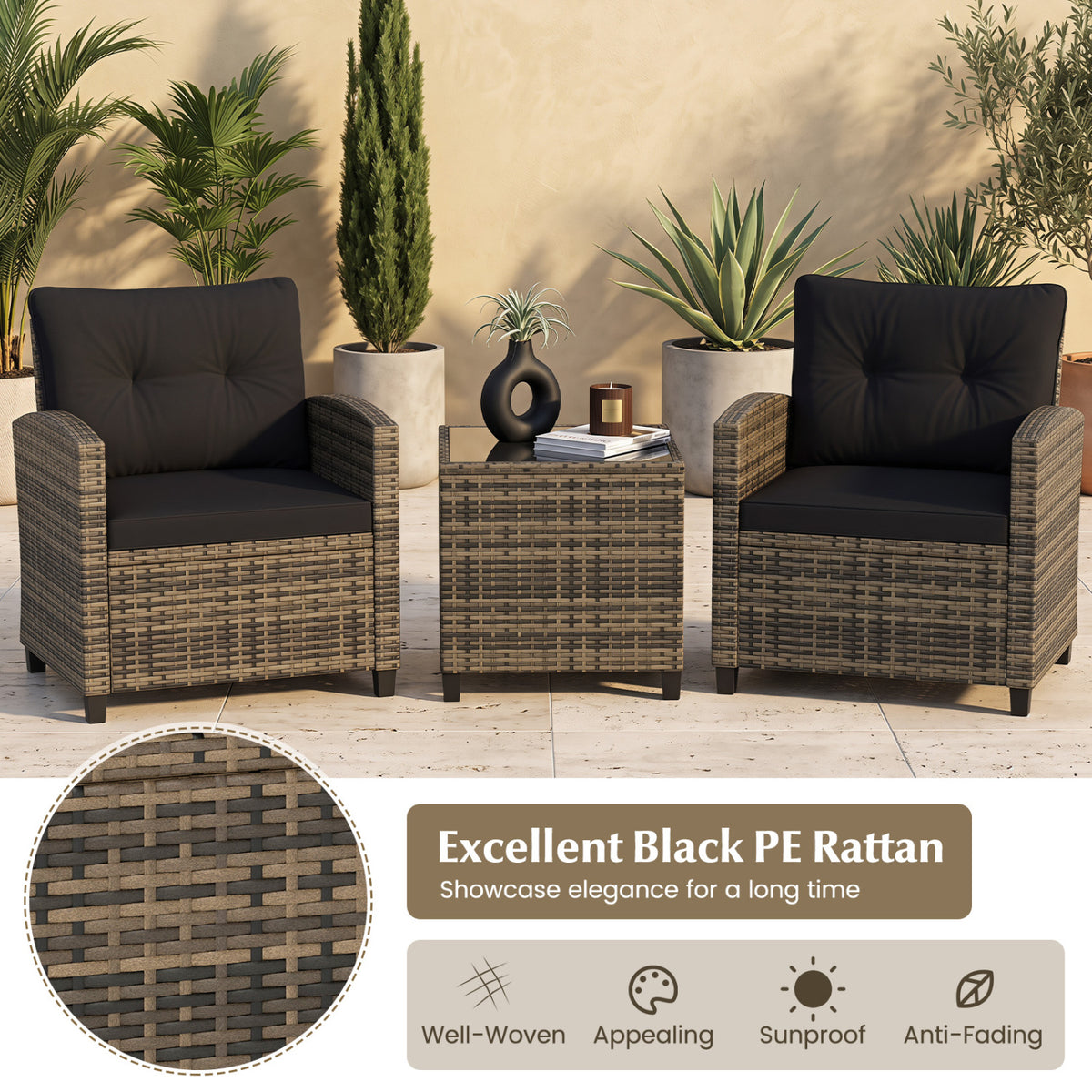 3 Pieces Patio Furniture Set with Tempered Glass Coffee Table-Black & Brown