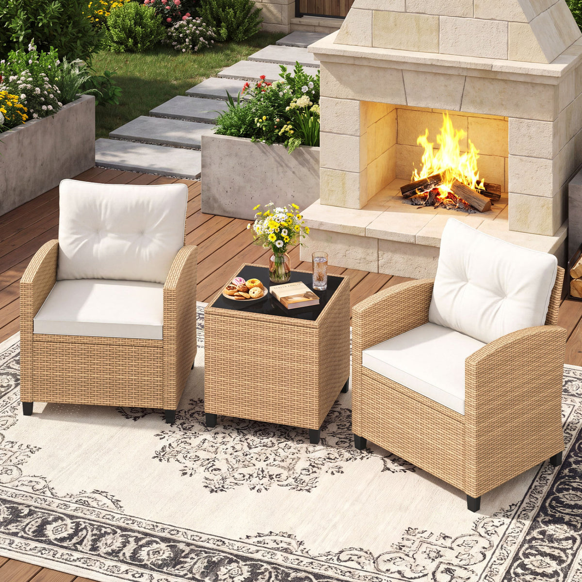 3 Pieces Patio Furniture Set with Tempered Glass Coffee Table-Tan White