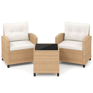 3 Pieces Patio Furniture Set with Tempered Glass Coffee Table-Tan White