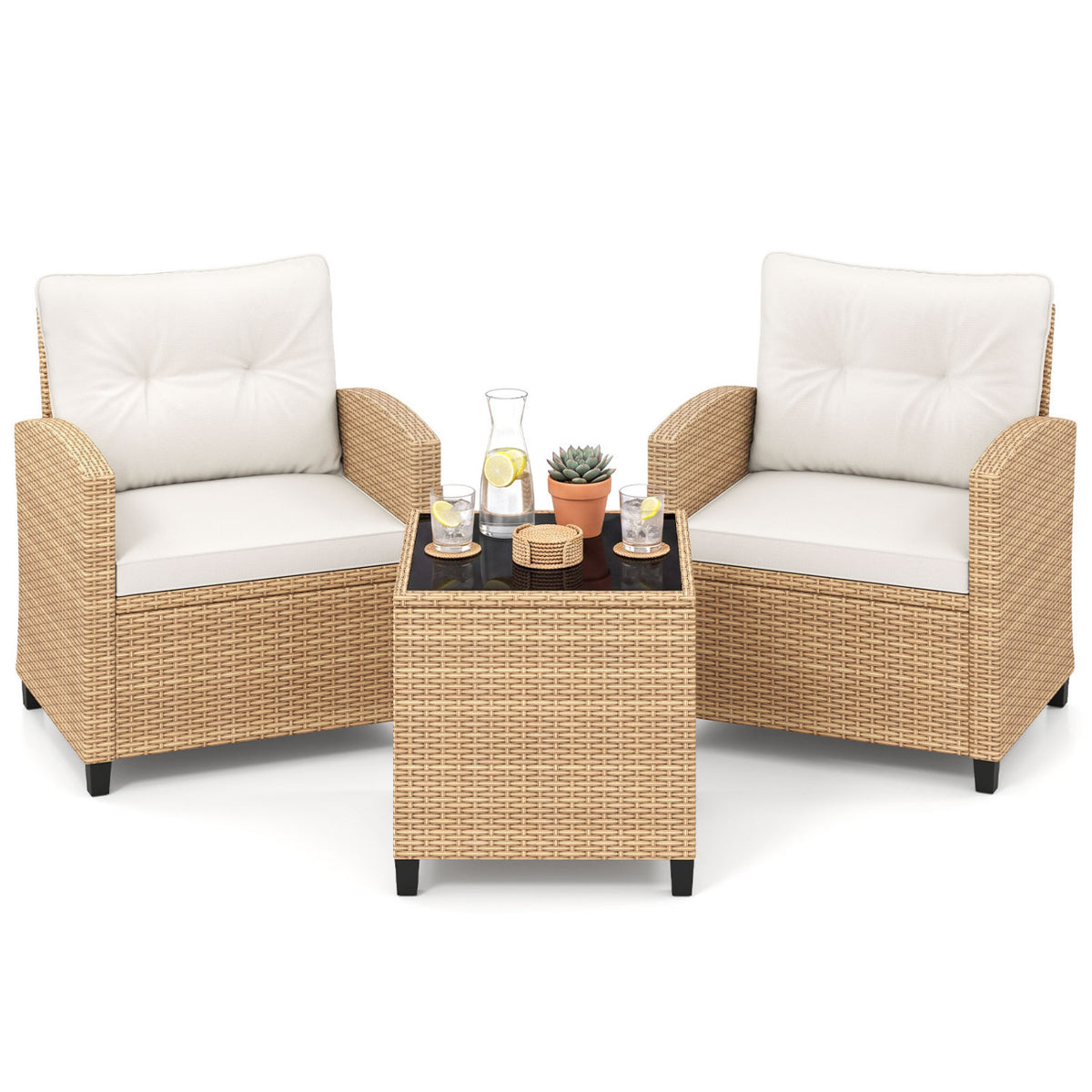 3 Pieces Patio Furniture Set with Tempered Glass Coffee Table-Tan White