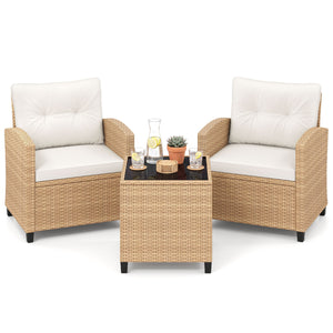 3 Pieces Patio Furniture Set with Tempered Glass Coffee Table-Tan White