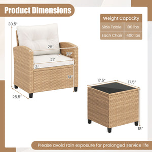 3 Pieces Patio Furniture Set with Tempered Glass Coffee Table-Tan White