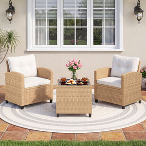 3 Pieces Patio Furniture Set with Tempered Glass Coffee Table-Tan White