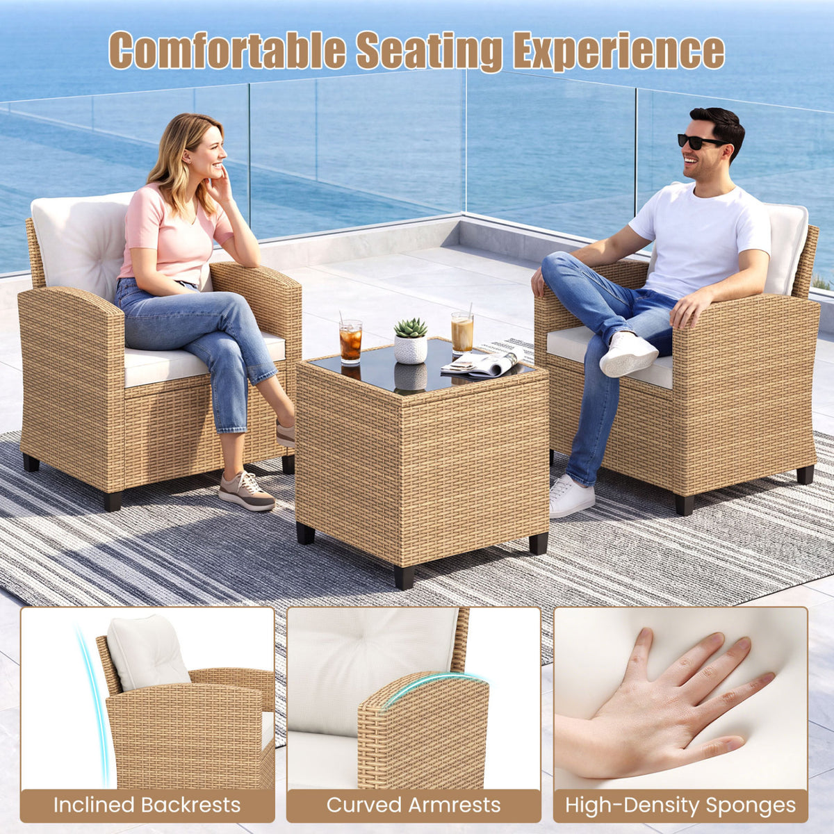 3 Pieces Patio Furniture Set with Tempered Glass Coffee Table-Tan White