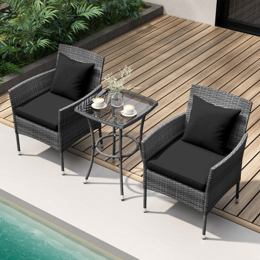 3 Pieces Patio Furniture Set with Cushioned Patio Chairs and Tempered Glass Coffee Table-Black